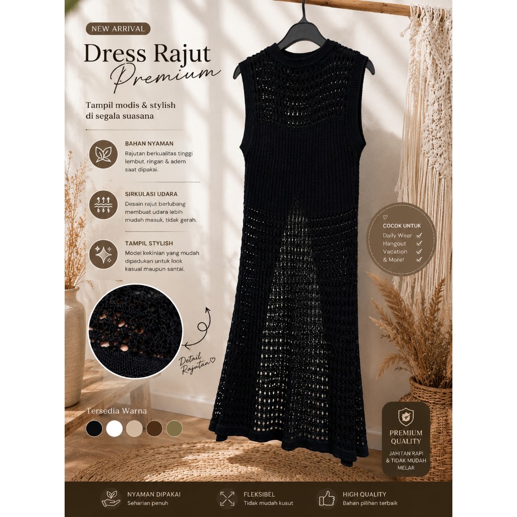 Dress Rajut Jaring Wanita Hitam Premium | Sleeveless Knit Dress Korean Style | Outer Dress Rajut Pan