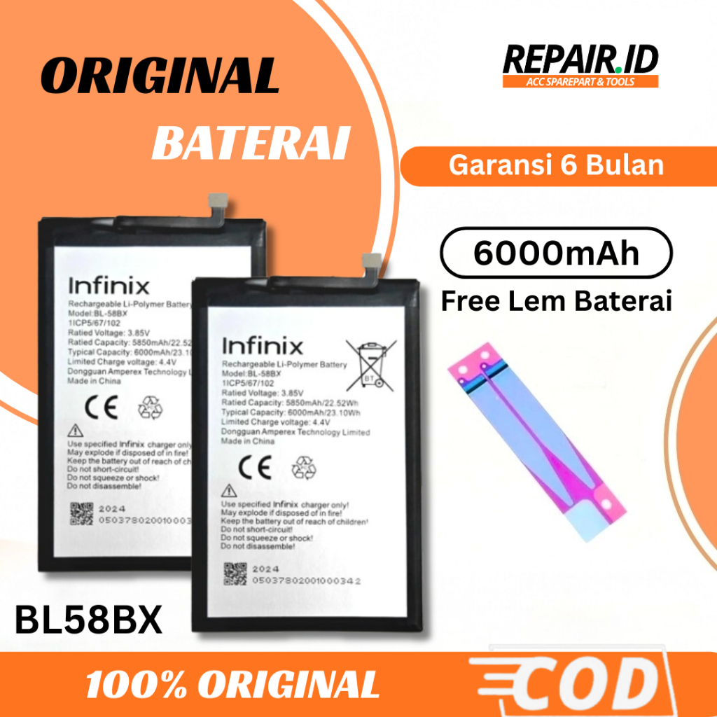 BATERAI BL-58BX / INFINIX HOT 9 PLAY X680 / HOT 10 PLAY X688 / HOT 11 PLAY X688B / 6000 mAh - Packin
