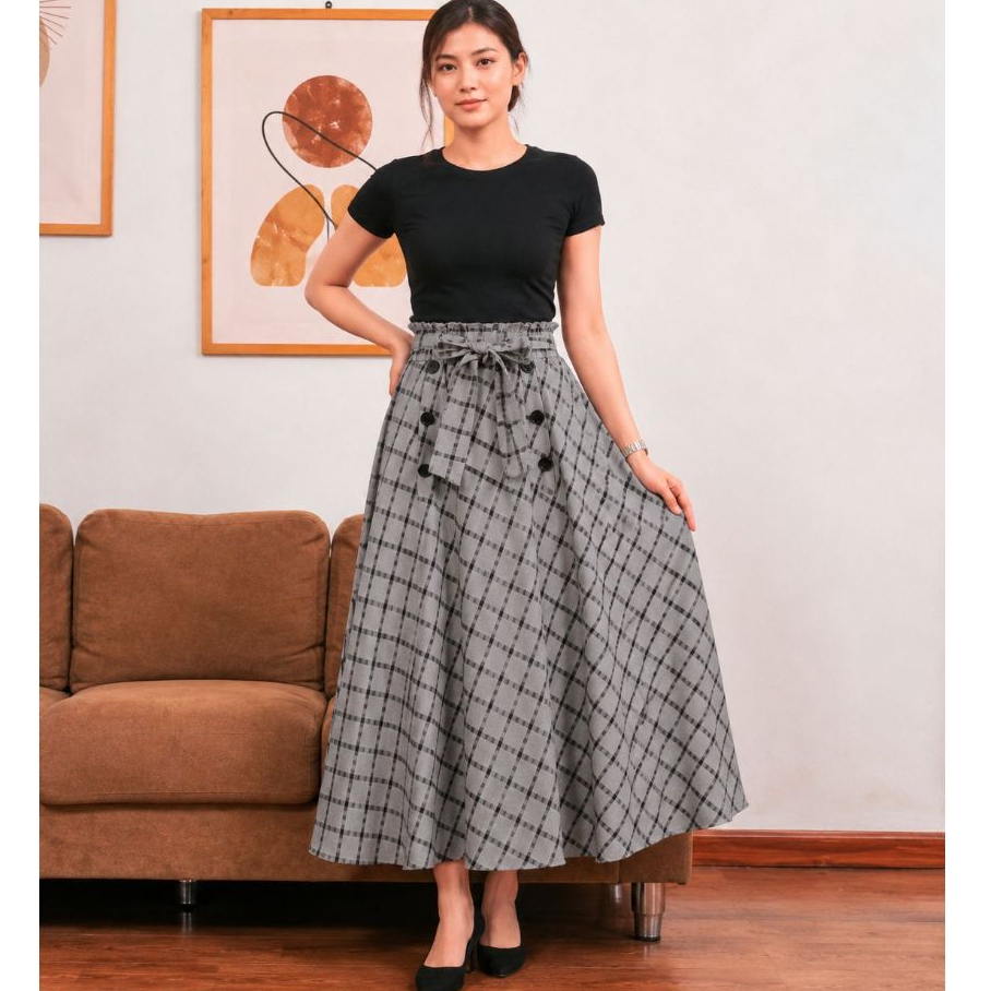 Rok Maxi Panjang Kotak Wanita Highwaist A-Line Premium | Rok Panjang Korea Ikat Pinggang