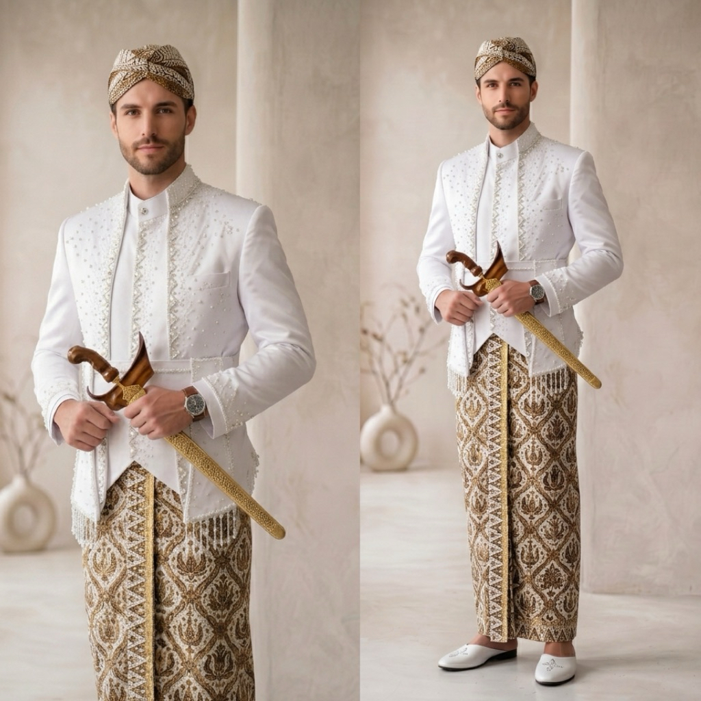 Beskap jawa pengantin pria putih premium | Beskap pengantin jawa payet lengkap set
