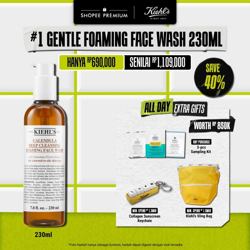 Kiehl's Calendula Deep Cleansing Foaming Face Wash 230ml - Calendula flower extract & Glycerin. Pemb