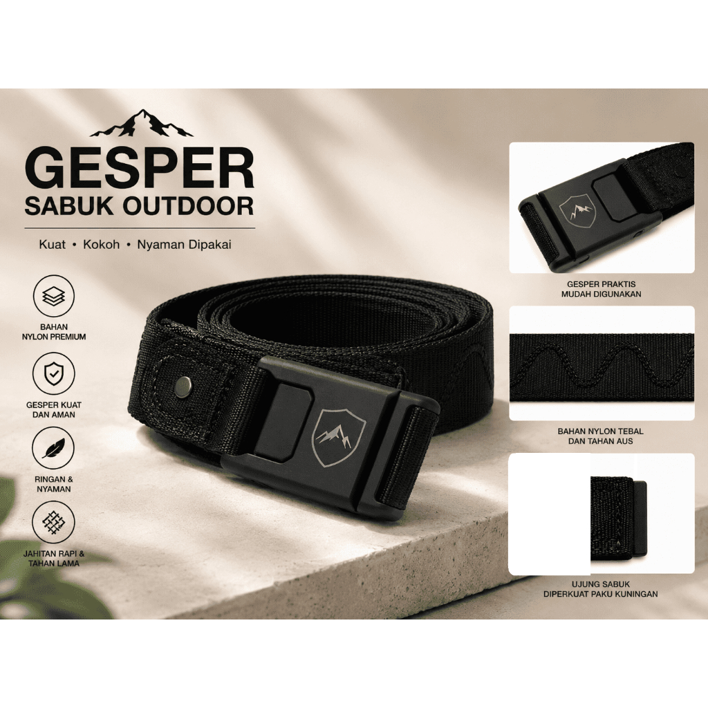 (Premium Magnetik) Gesper Sabuk Magnet Outdoor Formal Hitam Motif Gunung Mountain Shield Lebar 2,5 c