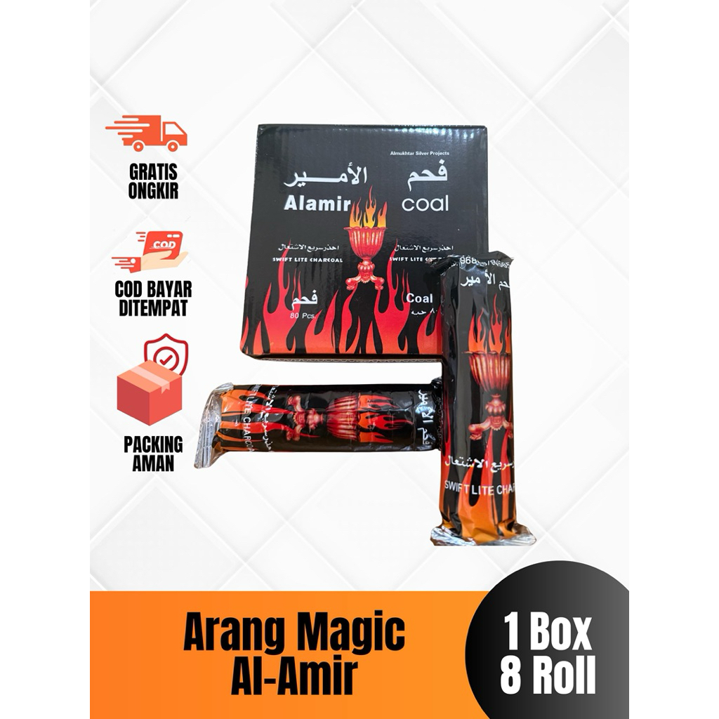 Arang Magic Al Amir Tanpa Lubang 1 Box 8 Bungkus, Arang Tahan Lama untuk Bukhur
