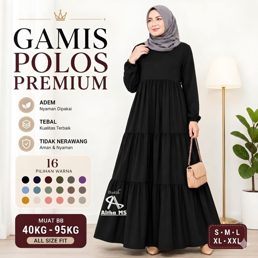 Gamis Polos Wanita Rempel Susun Adem Jatuh Elegan Busui Friendly Tidak Nerawang Bahan Twill Ori Teba