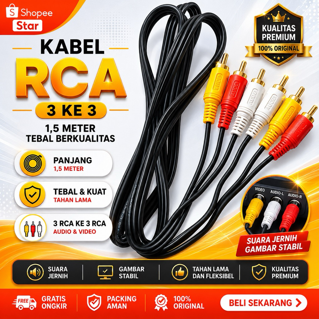 Kabel RCA 3 Ke 3 hitam dengan soket merah kuning putih Untuk video audio,barang tebal berkualita 1,5