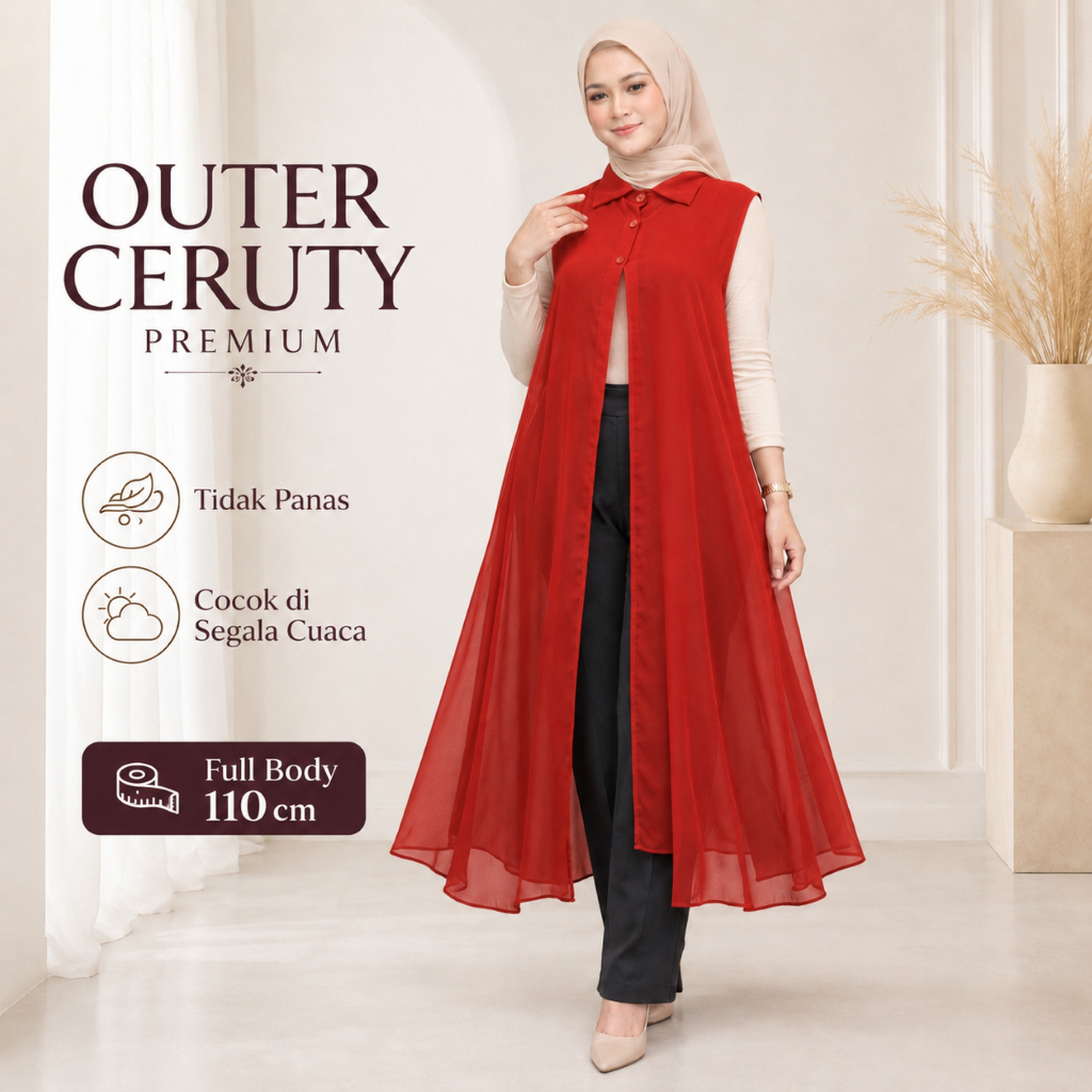Outer Cardigan Polos Merah Cabe Bahan Ceruty Baby Doll Tanpa Lengan Kancing Batok