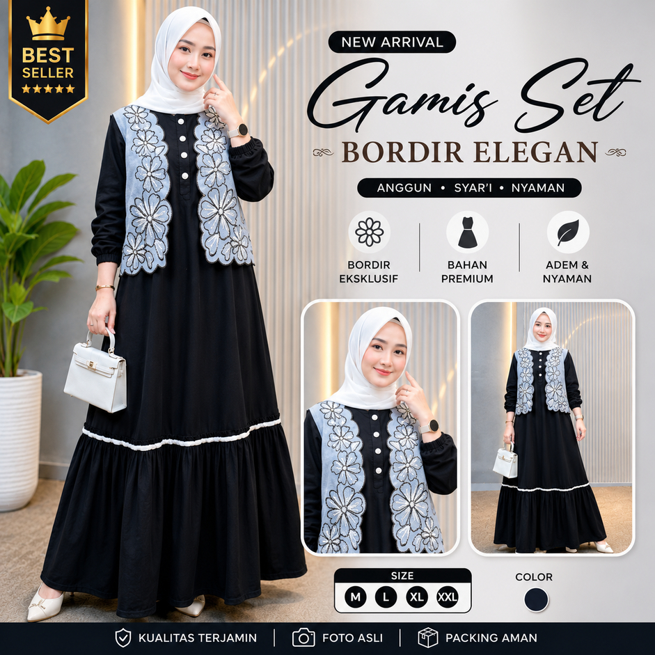RINARA fASHION Gamis Bordir Rompi - Hitam
