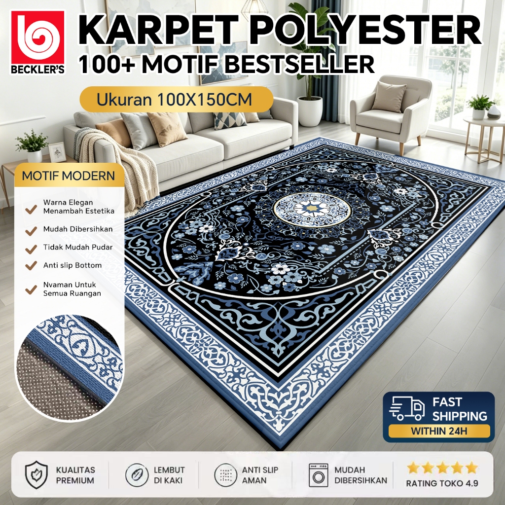 (Beckler's) LOKAL Karpet Lantai Permadani Eropa 100x150CM Polyester PREMIUM Alas Anti Slip