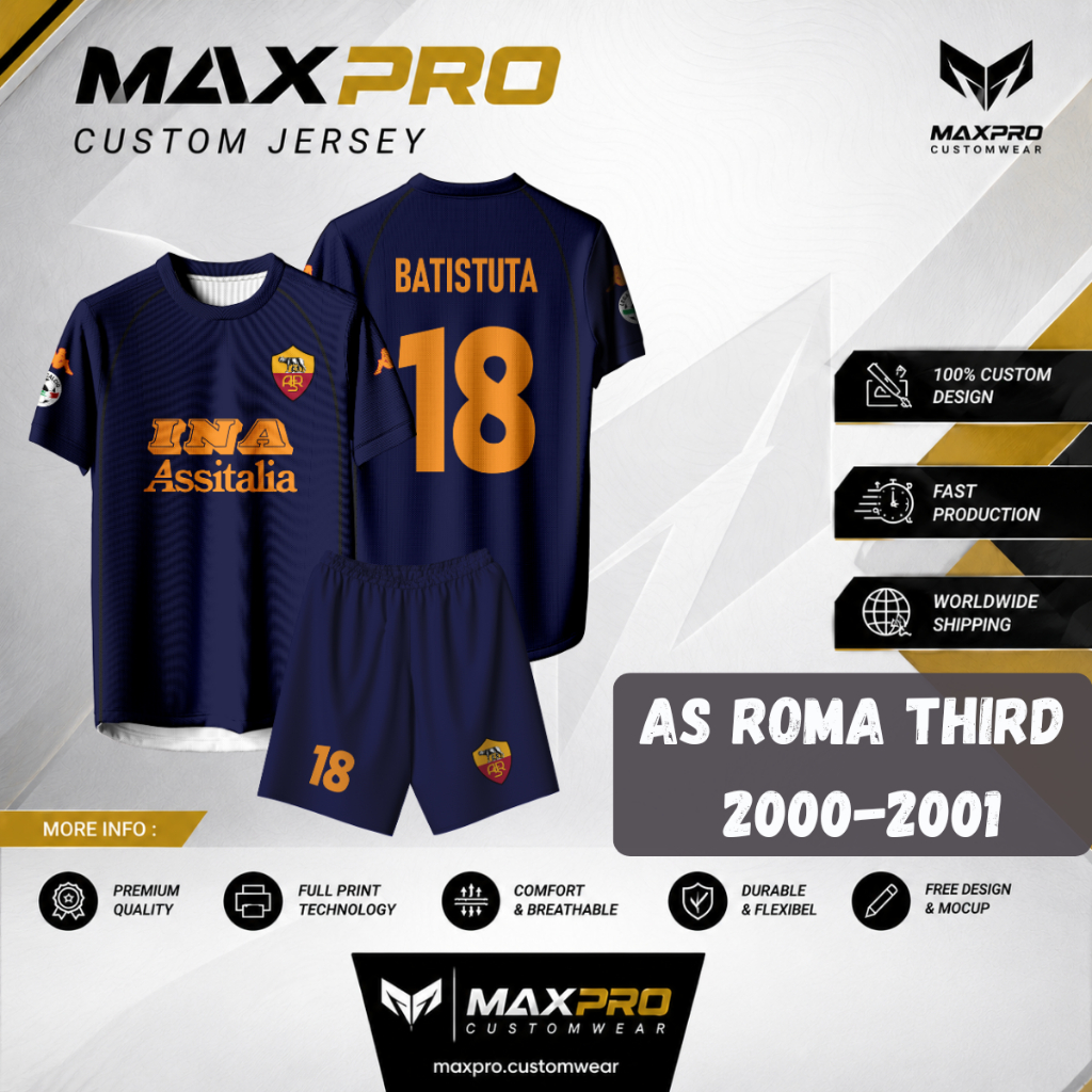 Jersey Bola AS ROMA THIRD 2000-2001 Free custom nama dan nomor untuk dewasa dan anak anak Full Print