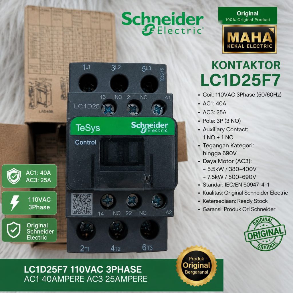 kontaktor Contactor schneider lc1d25f7 lc1d25 f7 110vac 40a 3phase contactor schneider kontaktor Sch
