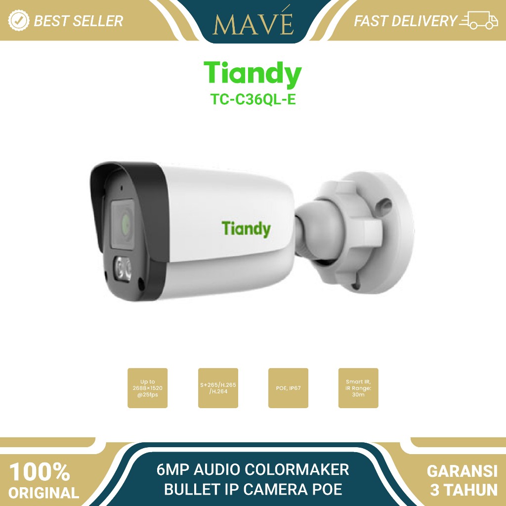 TIANDY TC C36QL-E 6MP AUDIO COLORMAKER BULLET IP CAMERA POE