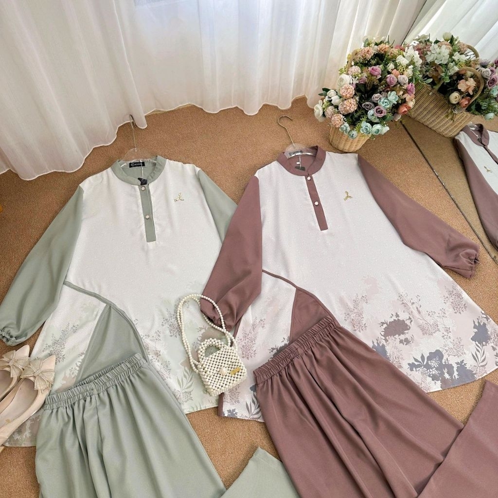 Asofa Zianna Setelan Tunik Aksen Printing Mix Celana Kulot