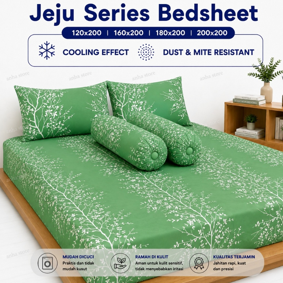 SPREI MOTIF JEJU HIJAU SAGE SET SARUNG BATAL - SARUNG GULING TERBARU BAHAN ADEM | UKURAN 120CM-200CM