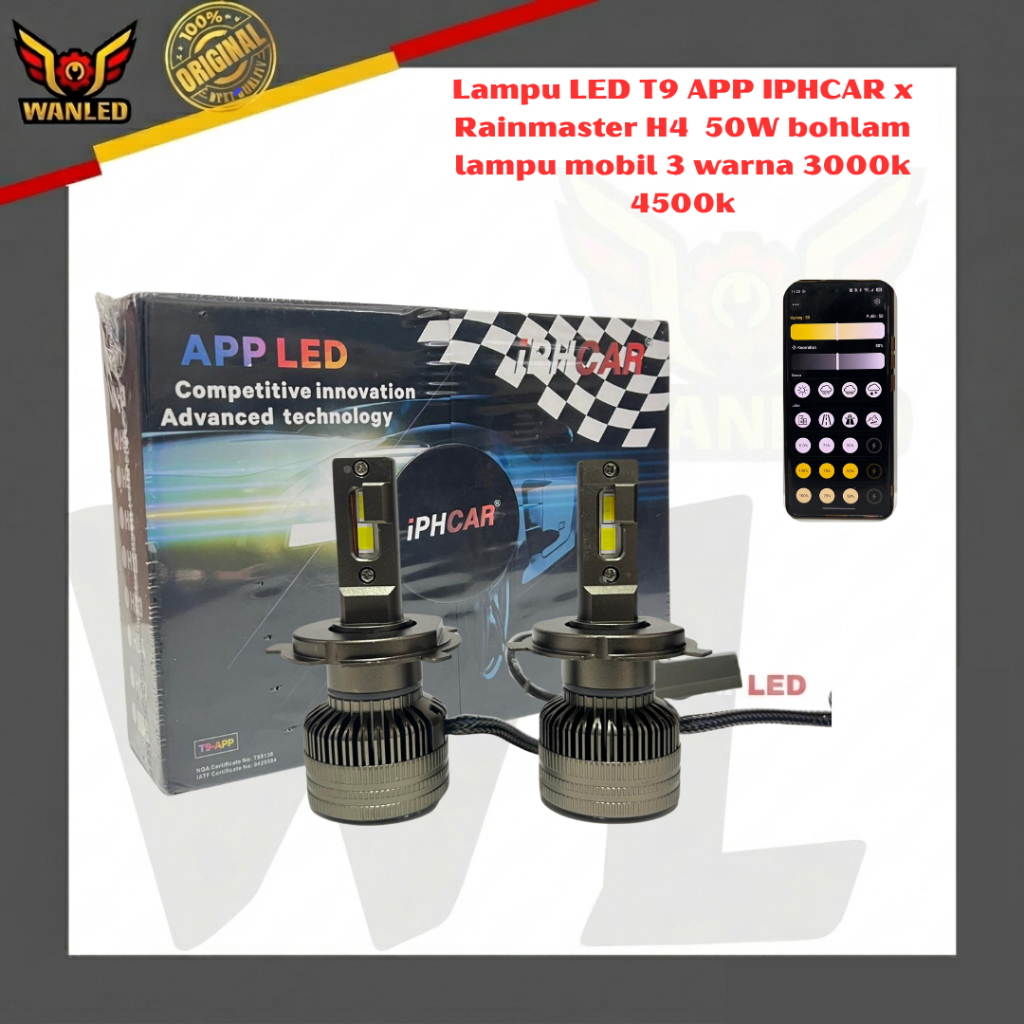 Lampu LED T9 APP IPHCAR x Rainmaster H4  50W bohlam lampu mobil 3 warna 3000k 4500k