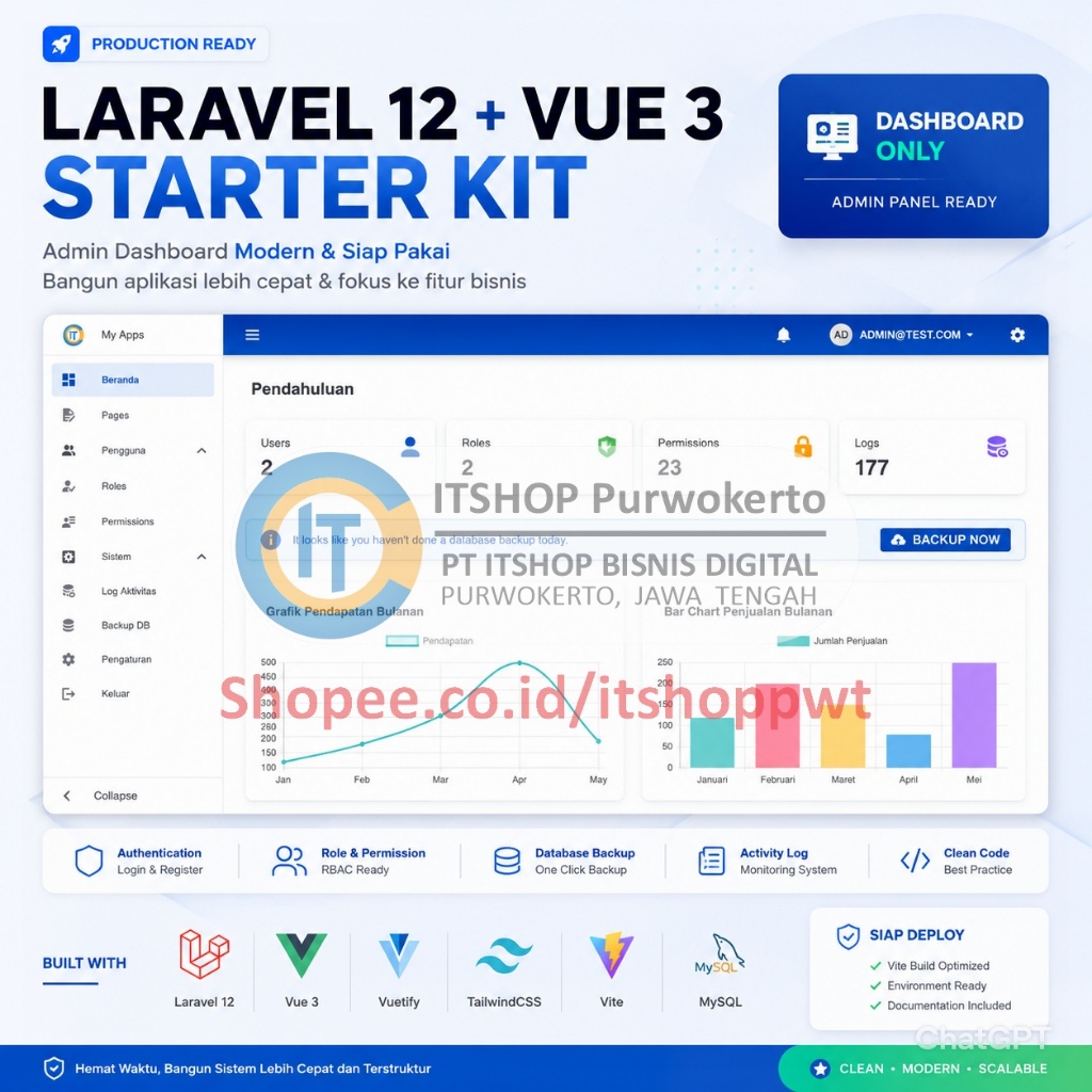 Source Code Aplikasi Web Laravel Vue.js Starter Kit Modern Fitur Auth RBAC untuk Lanjut Pengembangan