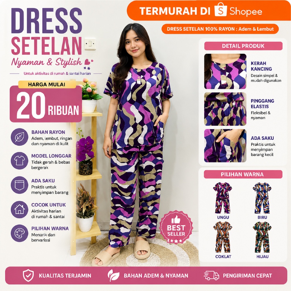 Daster Piyama Setelan Celana Panjang Murah Rayon Katun 100% Handmade Motif Cap Konveksi Pilih Warna