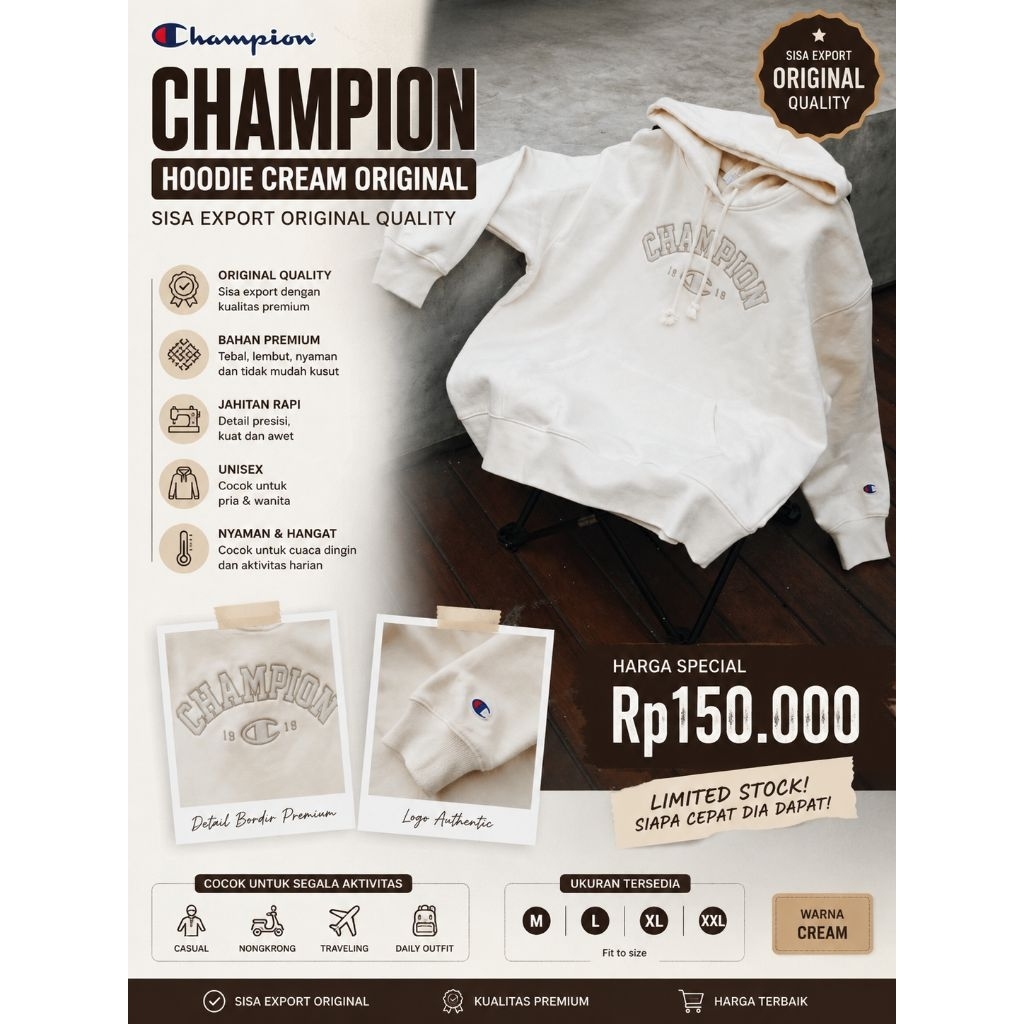 Champion Hoodie Cream Original – Sisa Export Original Quality