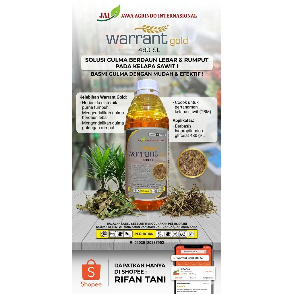 HERBISIDA SISTEMIK RUMPUT MURAH - WARRANT GOLD 480 SL KEMASARAN 1 LTR