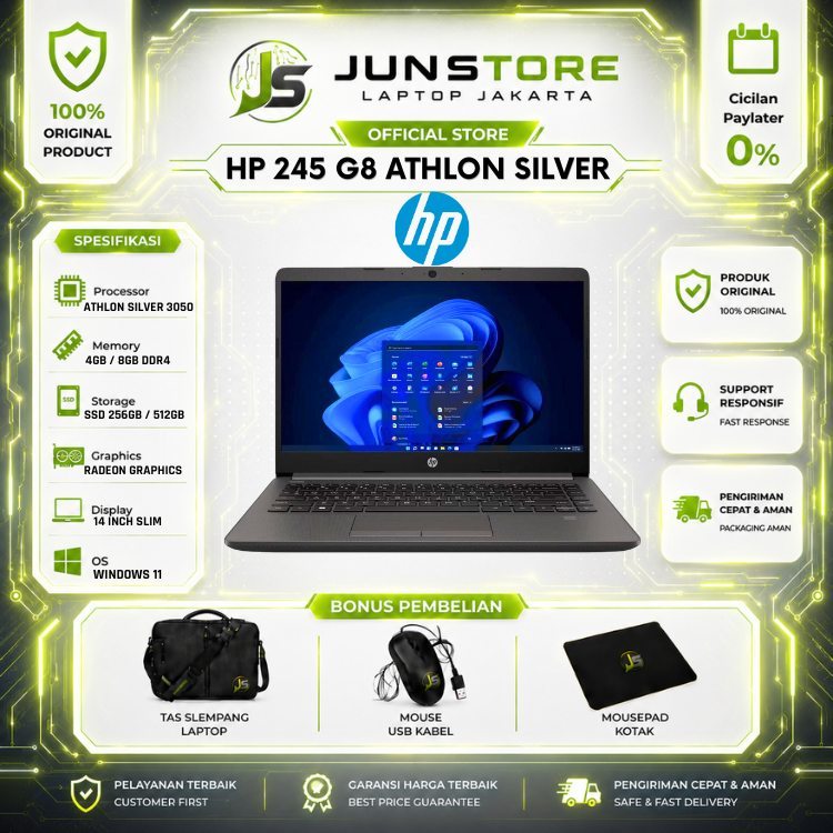 HP 245 G8 Laptop Athlon Silver 3050U RAM 8GB SSD 512GB 14 Windows 11 + Office FREE Tas Mouse
