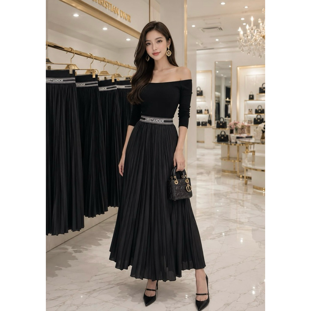 ROK WANITA DIOR BAHAN PLISKET MIROR1:1