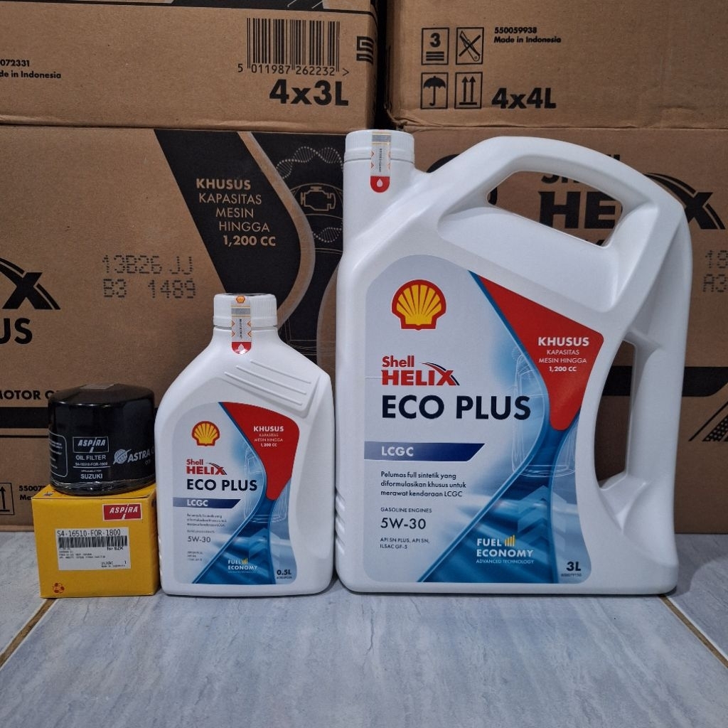 Paket Oli SHELL ECO PLUS 5W-30 3,5 Liter dan filter oli mobil SUZUKI Karimun, spresso, ertiga, XL7, 