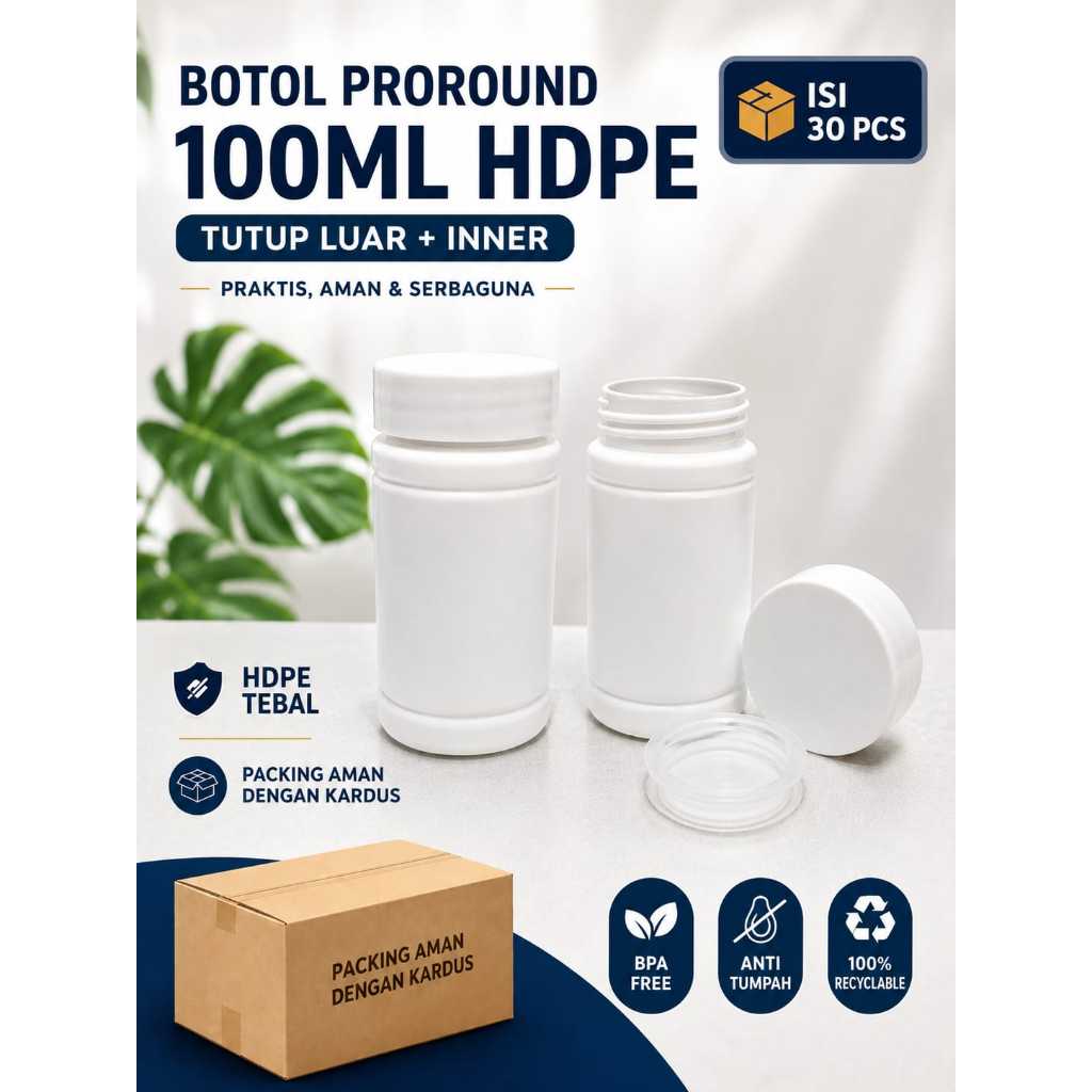 Botol obat Proround 100 ML HDPE tebal  / Botol Kapsul  100ml - 60 kapsul (ISI 30 PCS) + tutup dalam 