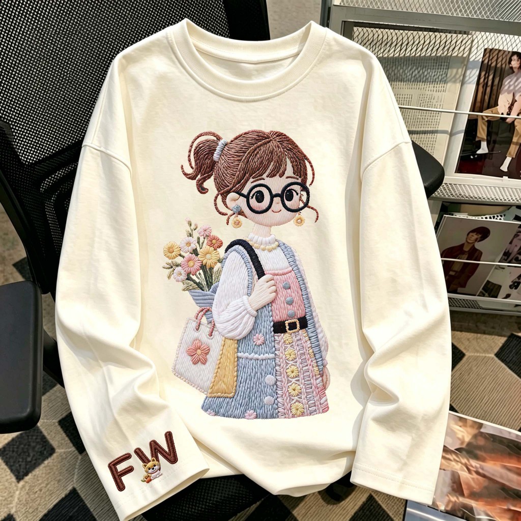 LEMARI.PUTRI Kaos Lengan Panjang Krem Print Gadis Lucu Viral TikTok Wanita Lengan panjang baju atasa