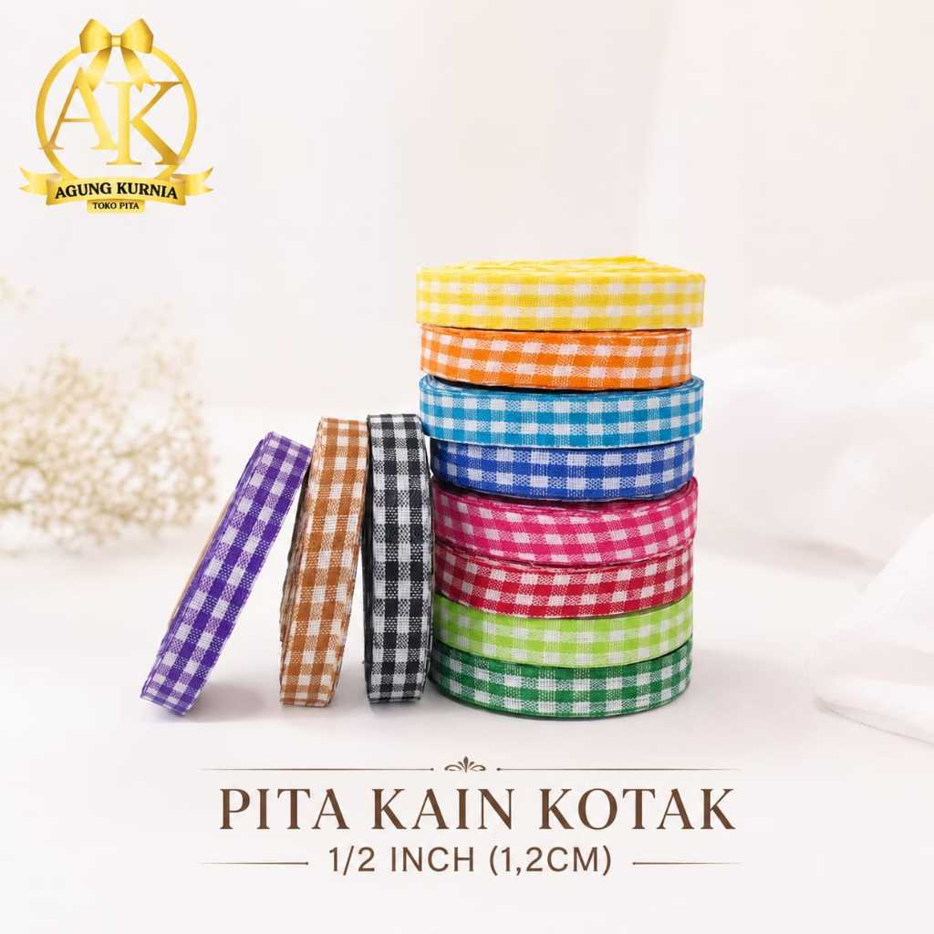 Pita Kain Kotak 1/2 Inch Pita Motif Kotak Kotak 1,2cm Buket Kado Souvenir Per ROLL