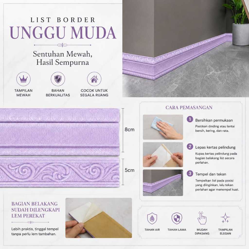KM Wallpaper List Ungu Muda Foam 3D Wallborder Foam 3D Stiker Dinding