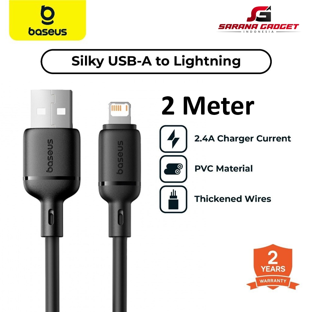 Baseus Kabel Data Silky Series USB A to Lightning 2.4A 2M 2 Meter Fast Charging Iphone 5 5S 6 7 8 X 