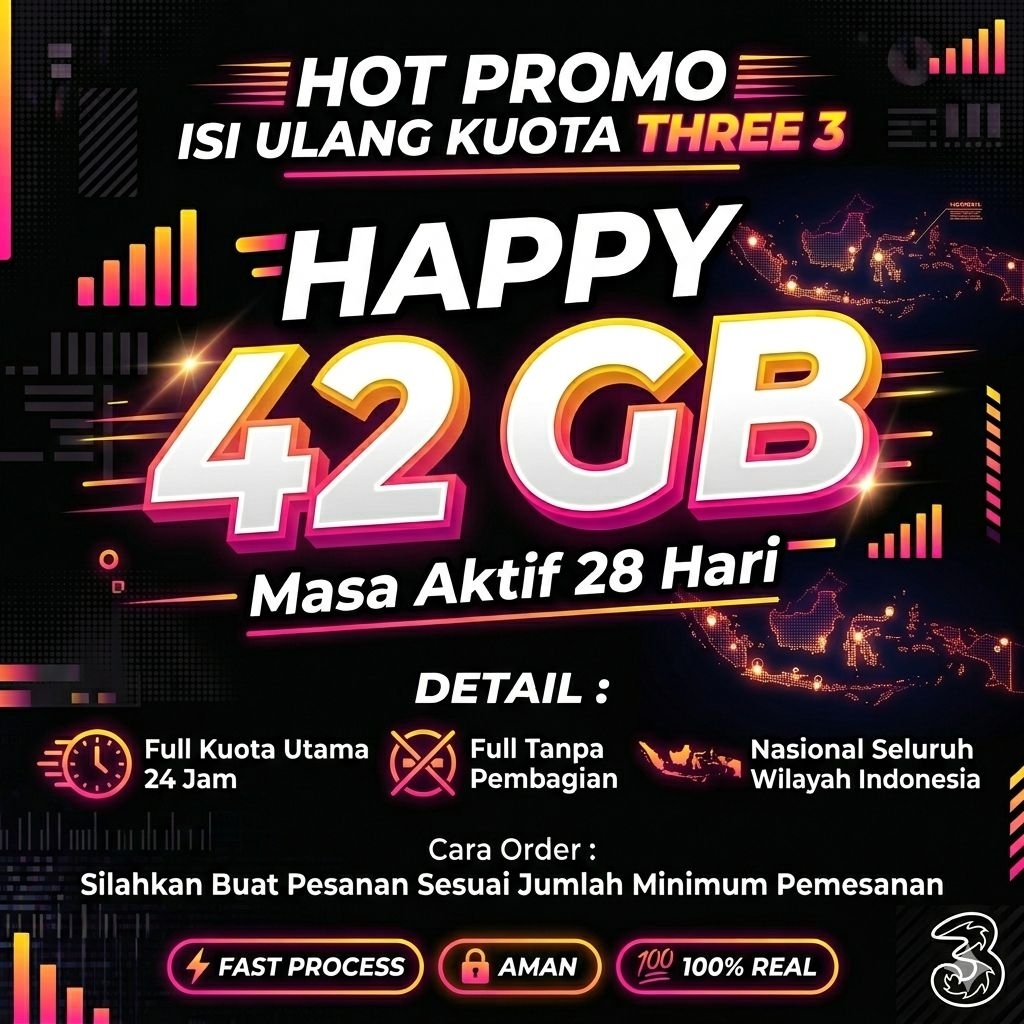 HOT PROMO ISI ULANG KUOTA THREE TRI HAPPY 42 GB 28 HARI TERMURAH