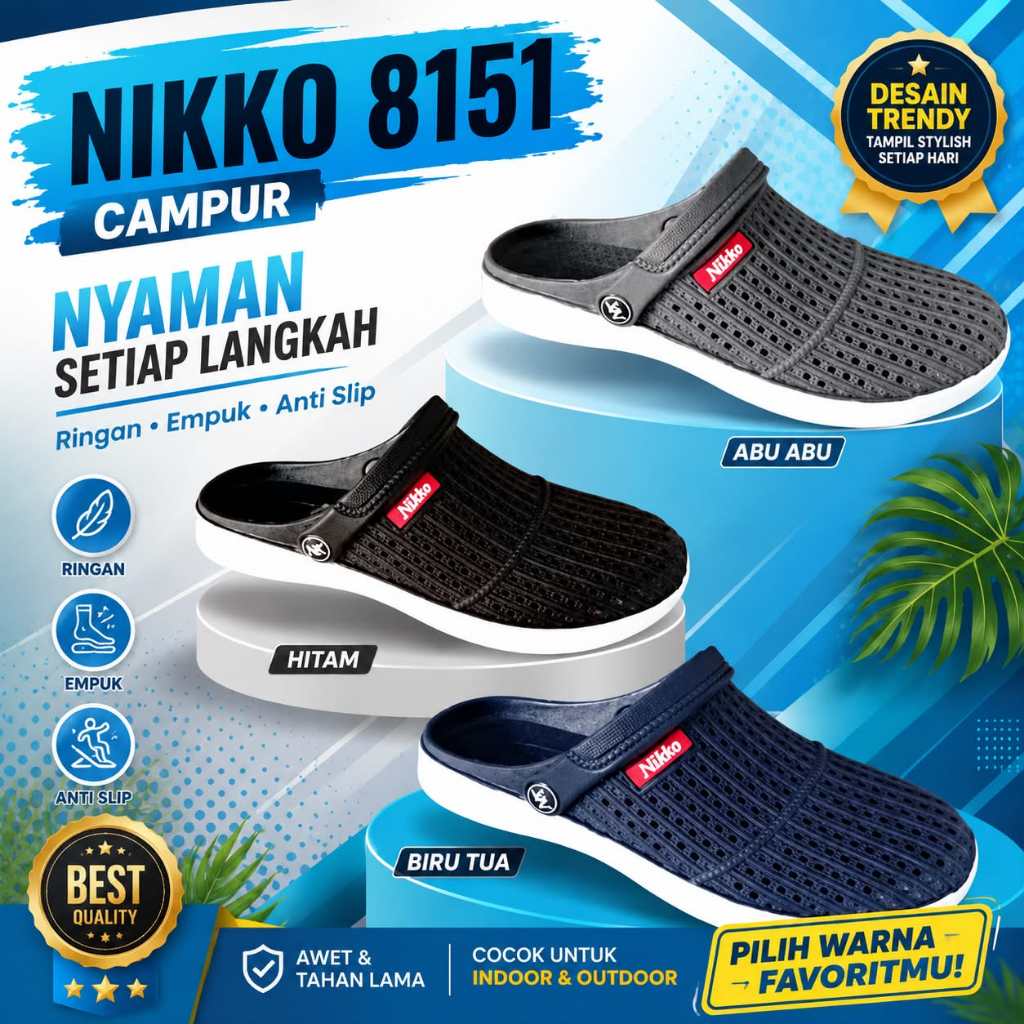 NIKKO 8158 SEPATU SELOP KARET PRIA LAKI-LAKI COWOK SEPATU BAKPAO SEPATU KERJA MURAH NYAMAN 39-43