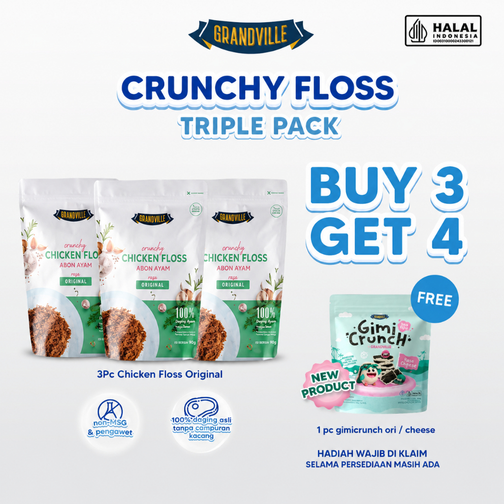 Grandville Abon Ayam Crunchy Halal Triple Pack Original - Aman untuk anak usia MPASI