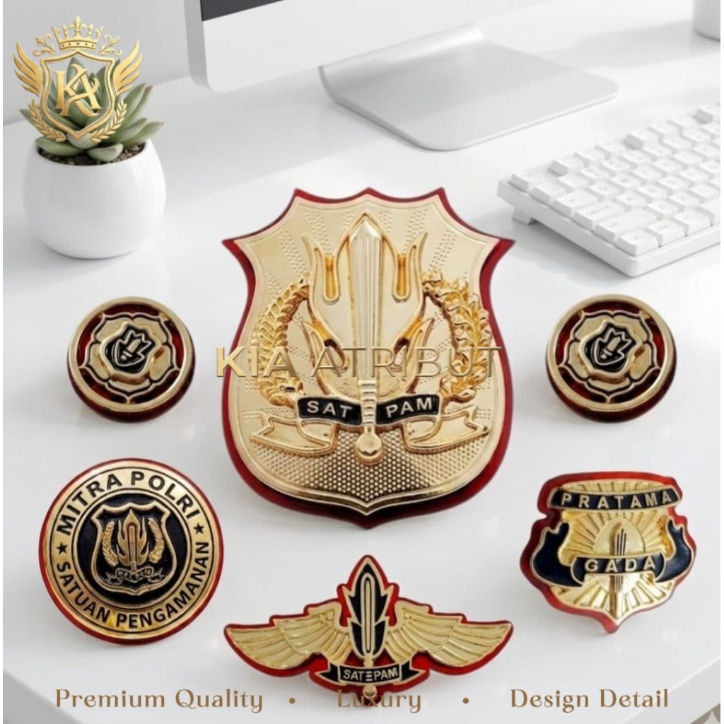 Atribut Satpam Kuningan Premium Luxury Terlengkap - Pin Kewenangan Satpam Magnet - Gada Pratama Magn
