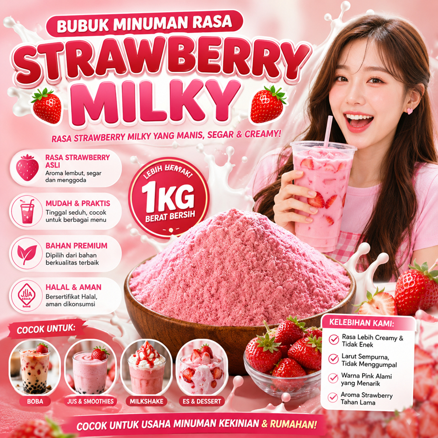 Bubuk Minuman Rasa Strawberry Milky 1Kg Minuman Powder Stroberi Milky Putih Kiloan Drinking Powder 1