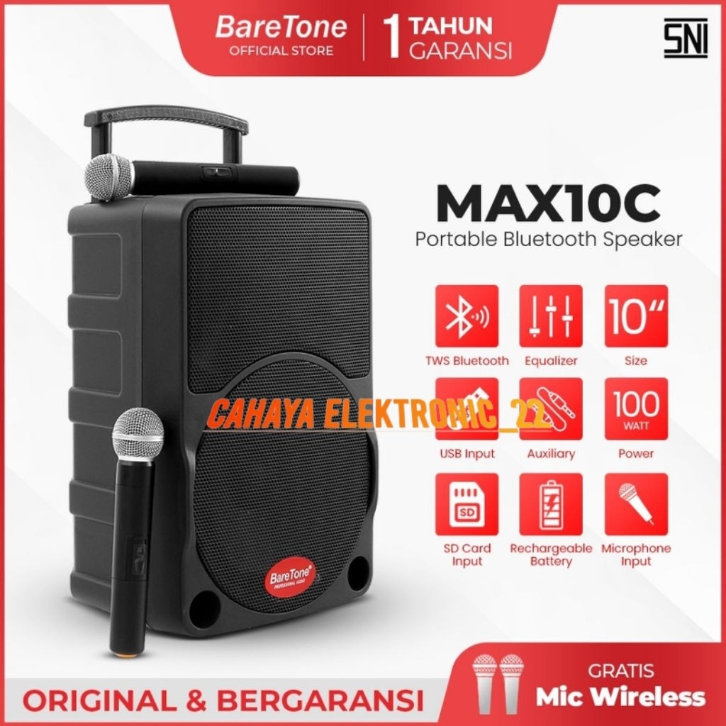Speaker Portable BareTone Max 10C/Max10C 10Inch Original BareTone Garansi Resmi