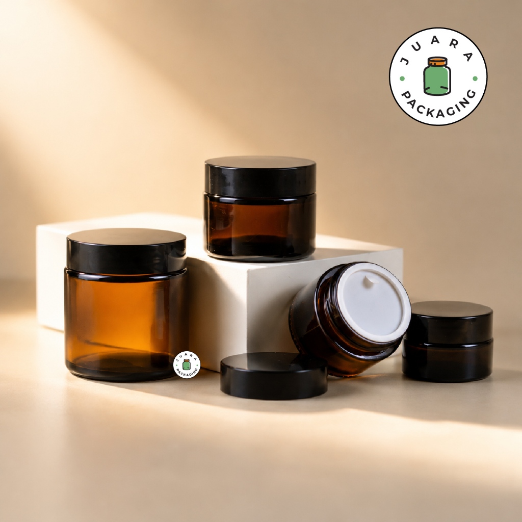 Pot Cream Kaca Amber 20ml 30ml 50ml 100ml Tutup Hitam PVC – Jar Kosmetik Coklat Elegan Ukuran 20gr 3