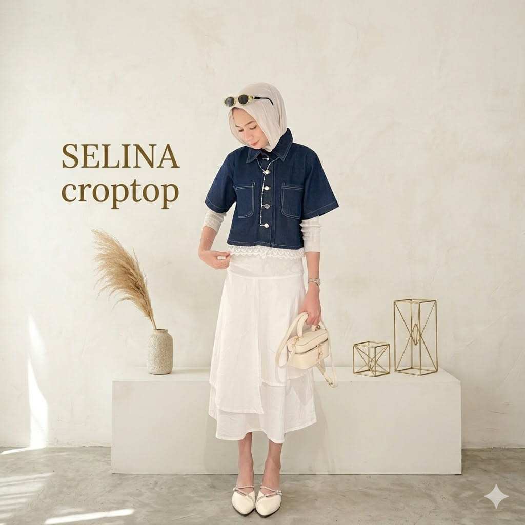 Pola Wear Selina Kemeja Crop Denim Wanita Lengan Pendek Crop Shirt Denim Wanita Korean Crop Casual