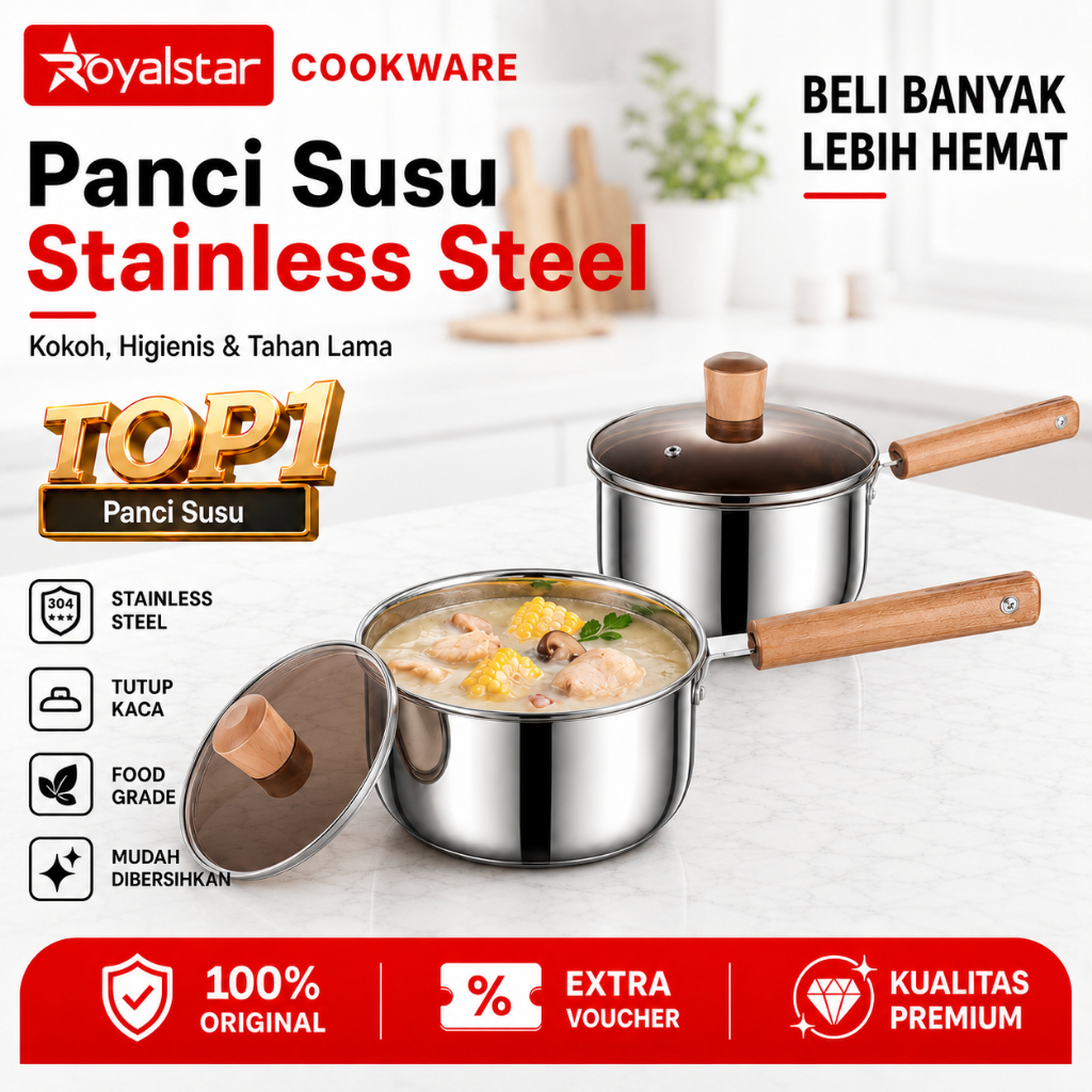Royalstar Panci Sup dan Panci Kuah Stainless Steel Panci Steam Kukus Tutupan Kaca