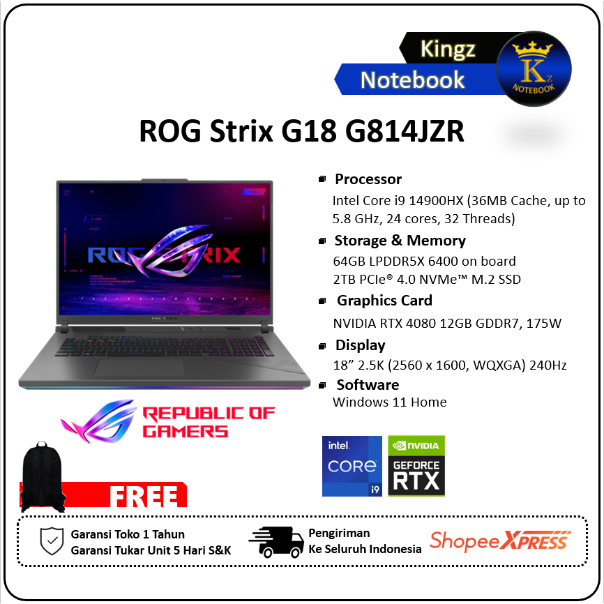 ASUS ROG Strix G18 G814JZR RTX4080 Core i9 14900HX 64GB 2TB SSD Win11 18" 2,8K 240Hz