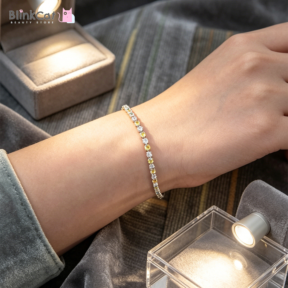 BlinkCat - Gelang Kristal Persegi Kuning Bracelet Gelang Tennis Zirkon Kuning Putih Perak Wanita Aks