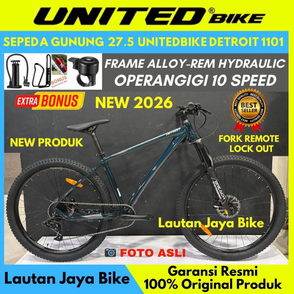 Sepeda Gunung MTB 27.5 Unitedbike Detroit 1101 Frame alloy Rem Hydraulic Fork Remote New