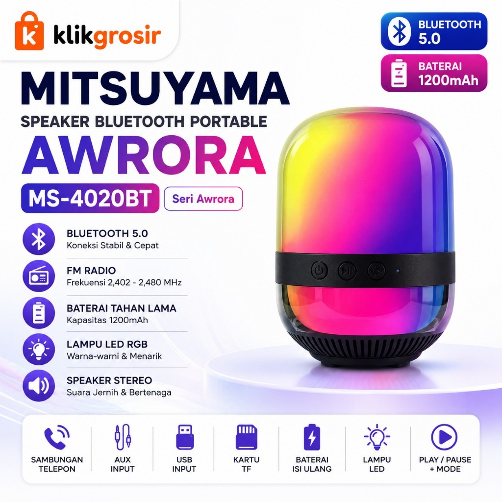 Speaker Bluetooth Portable Mitsuyama MS-4020BT Aurora – Speaker LED RGB FM USB Type C