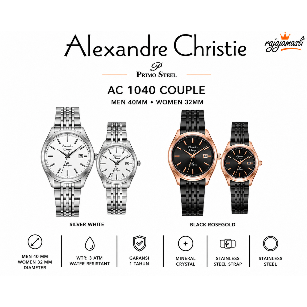 Alexandre Christie Primo Steel AC 1040 Jam Tangan Couple Stainless Steel Strap Quartz 40mm & 32mm Ta