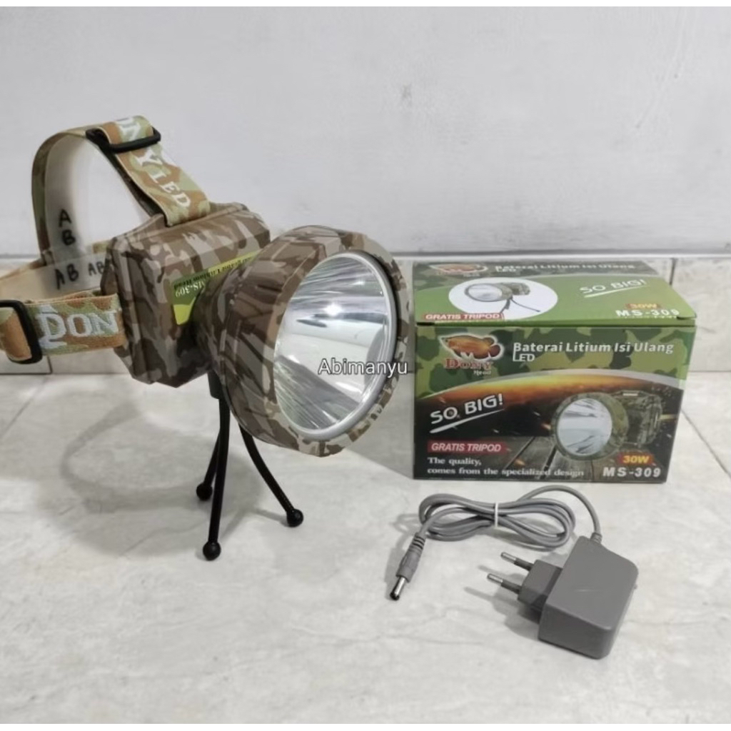 senter kepala dony 30 watt kepala jumbo ms-309 body loreng diameter 10cm 3pcs baterai 7800mAh tahan 