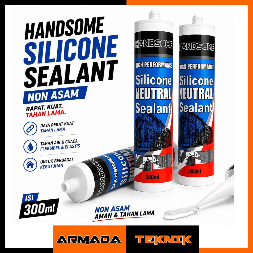 HANDSOME Silicone Sealant Neutral Cure – Lem Sealant Non Asam untuk Kaca, Alumunium & Bangunan