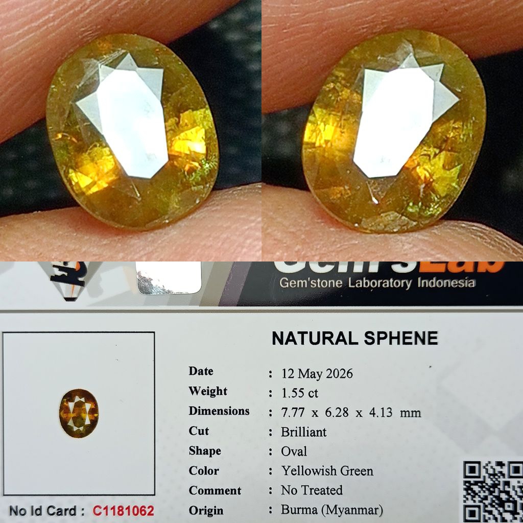 NATURAL PERMATA SPHENE BURMA 1.55 CARAT YELLOWISH GREEN NO TREATED MEMO GLI LAB