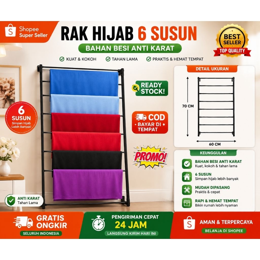 Amazing Rak hijab 6susun bahan besi antirayap/Rak kertas tempel dinding 6susun bahan besi antikarat