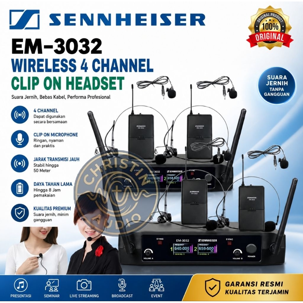 4 Mic Clipon Dan 4 Headset Bando Wireless Sennheiser EM-3032 / EM 3032 4 Channel Original