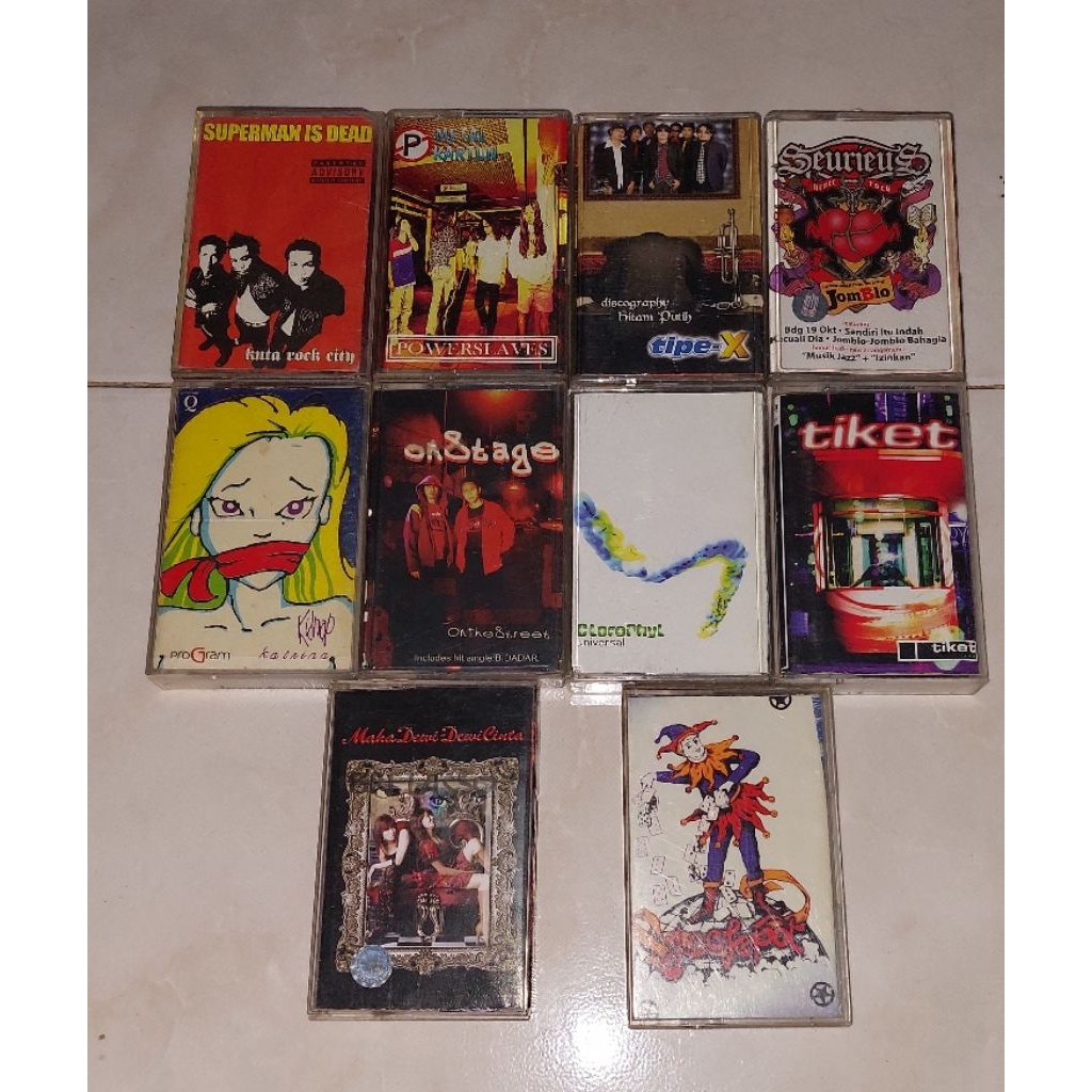 kaset SUPERMAN IS DEAD-Kuta Rock City / POWERSLAVES-Metal Kartun / TIPE X-Discography Hitam Putih / 